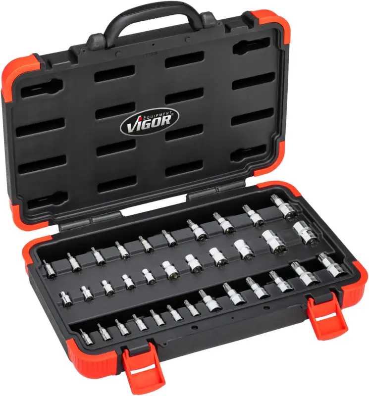 VIGOR Steckschlüsseleinsatz Satz V1781N 1/4", 3/8", 1/2" 34-teilig E4 – E20 T8 Rabatt