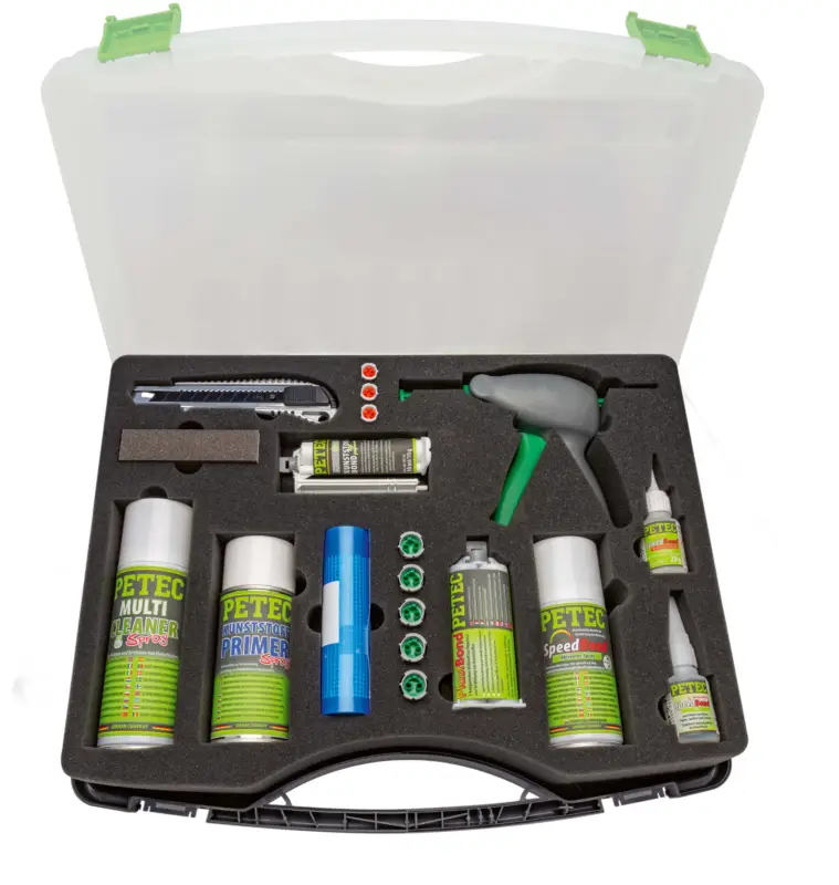 Heißes Angebot Petec Kunststoff Repair-Kit im Koffer Kleben Füllen Spachteln Holz Gummi 98309