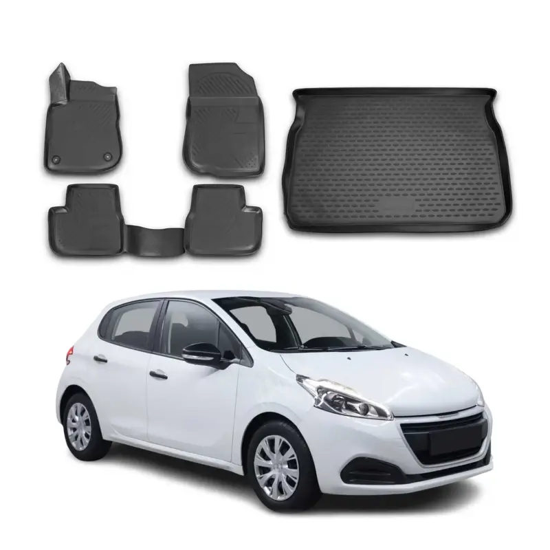 Markenware Fußmatten & Kofferraumwanne Set für Peugeot 208 2012-2019 Schrägheck TPE Schwarz