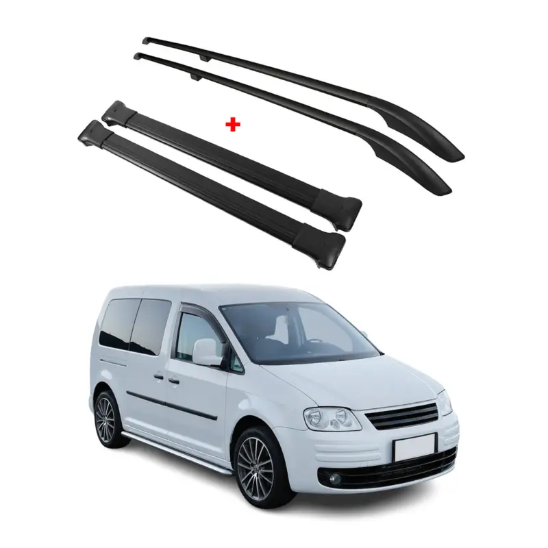 Dachreling + Dachträger für VW Caddy 2003-2015 L2 Langer Radstand Alu Schwarz 4x Sonderaktion
