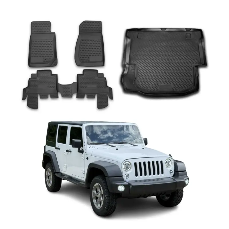 Letzte Chance Fußmatten & Kofferraumwanne Set für Jeep Wrangler 2007-2017 Gummi TPE Schwarz 5x