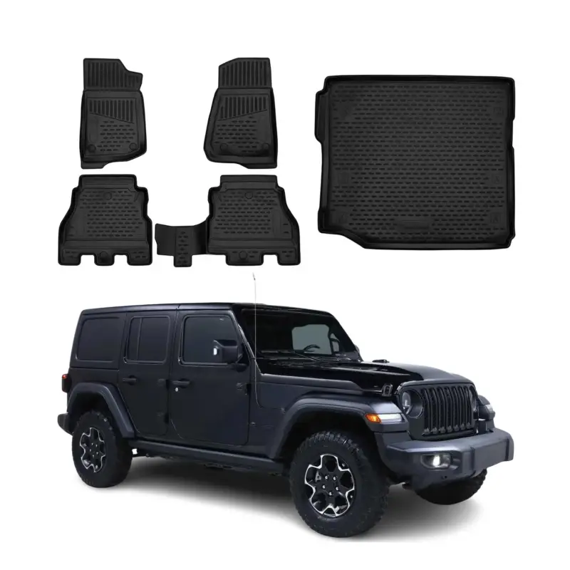 Ausverkauf Fußmatten & Kofferraumwanne Set für Jeep Wrangler 2018-2026 Gummi TPE Schwarz 5x