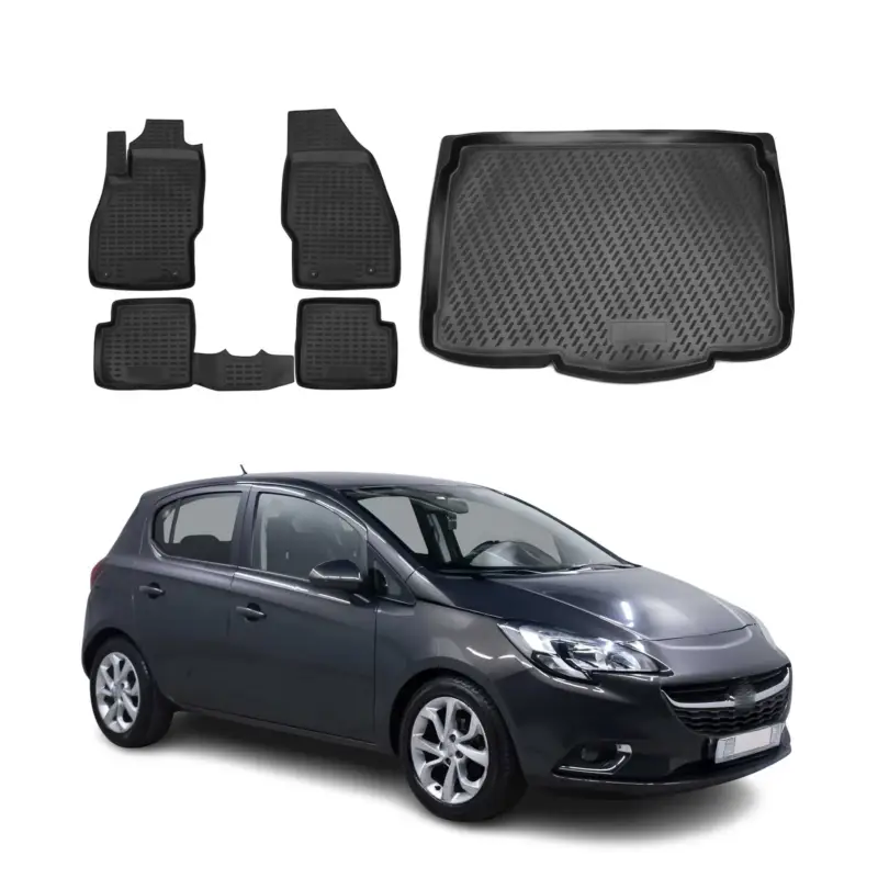 Zertifiziert Fußmatten & Kofferraumwanne Set für Opel Corsa 2014-2019 Gummi TPE Schwarz 5x