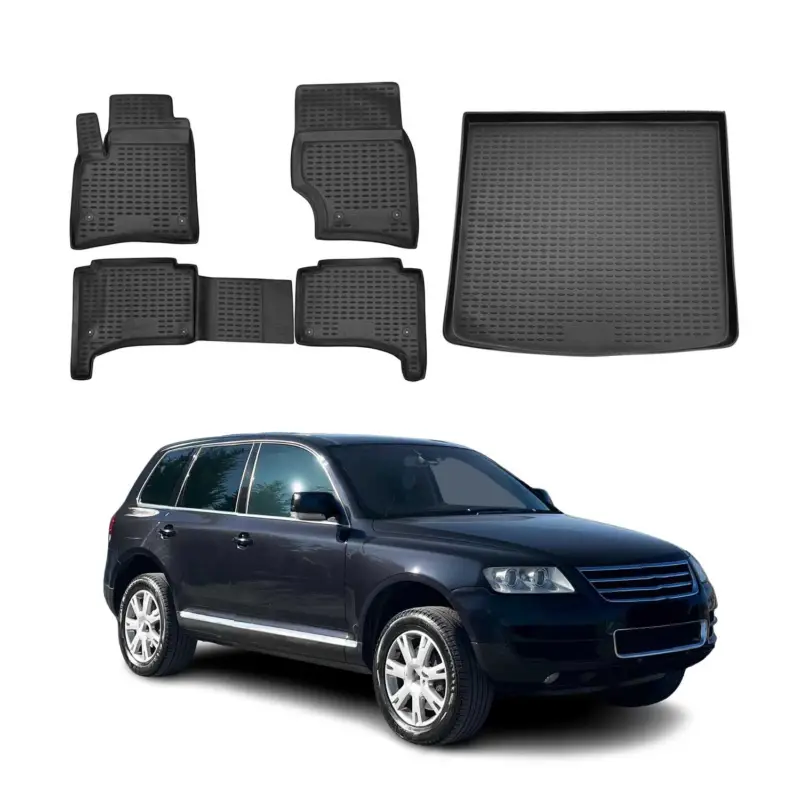 Fußmatten & Kofferraumwanne Set für VW Touareg 2002-2010 Gummi TPE Schwarz 5x Nur Für Kurze Zeit