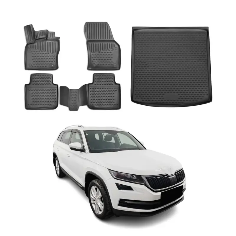 Fußmatten & Kofferraumwanne Set für Skoda Kodiaq 2016-2026 Gummi TPE Schwarz 5x Wochenendangebot