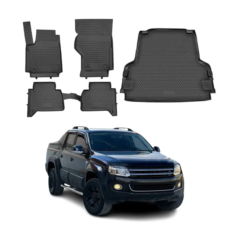 Echt Fußmatten & Kofferraumwanne Set für VW Amarok 2010-2021 Gummi TPE Schwarz 5x