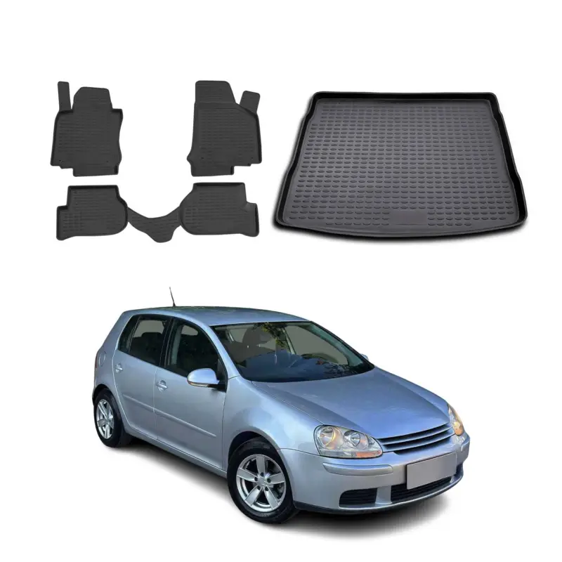 Zertifiziert Fußmatten & Kofferraumwanne Set für VW Golf 5 2003-2009 Gummi TPE Schwarz 5x