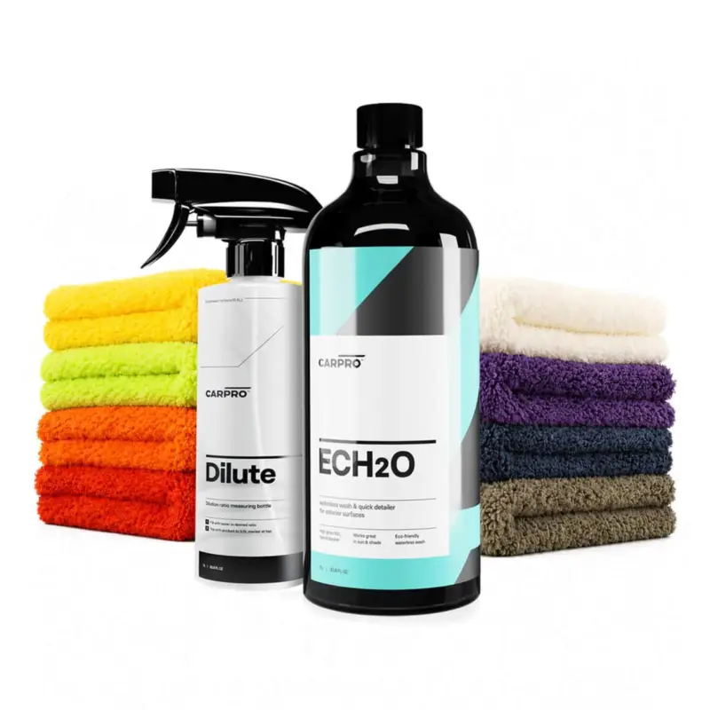 Ausverkauf CarPro Ech2O 1L + Dilute Messflasche 1L Aktionsset mit 8 Mikrofasertüchern