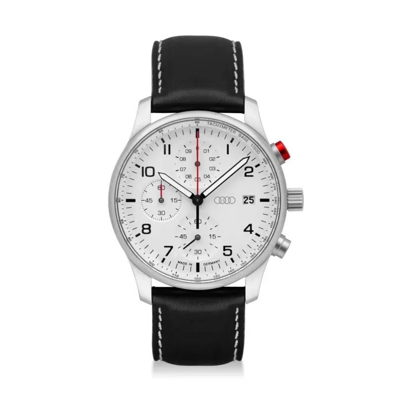 Original Audi Chronograph Uhr Armbanduhr Ringe Logo Herren silber/weiß 3102200100 Versand Am Gleichen Tag