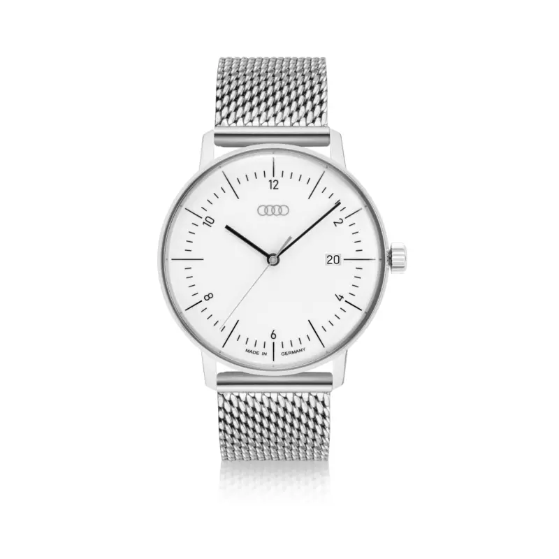 Highlight Original Audi Armbanduhr Uhr Ringe Logo Milanaisearmband silber/weiß 3102500400