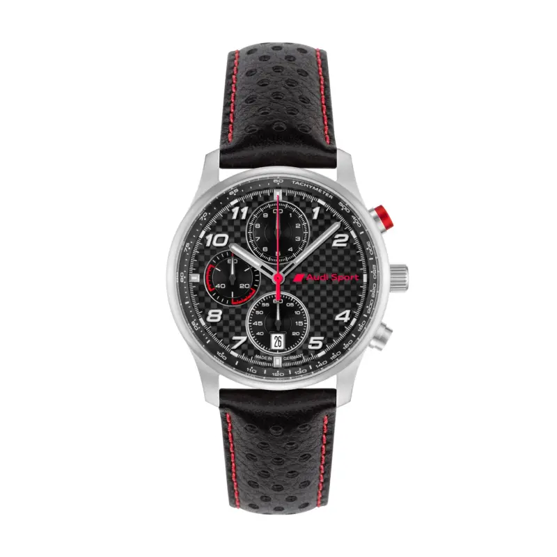 Zertifiziert Original Audi Sport Chronograph Carbon Armbanduhr Leder Uhr Herren schwarz/rot 3102500500